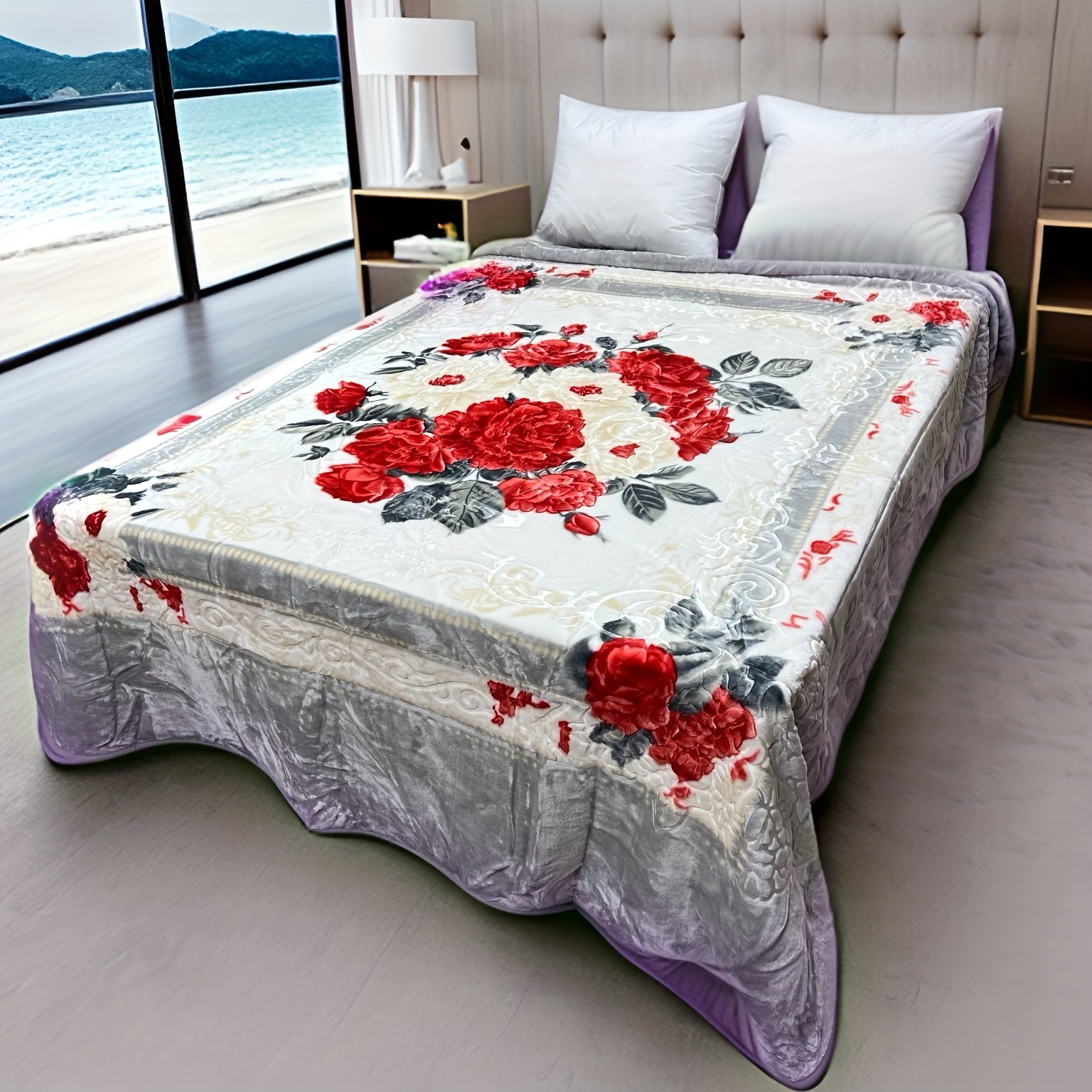   queen size floral embossed   blanket super soft plush   bedspread 83x94 inch red white flower print with   back machine washable no fade shrink 5lbs blanket for bed home decor     bedding decorative cover stylish bedrooms details 3