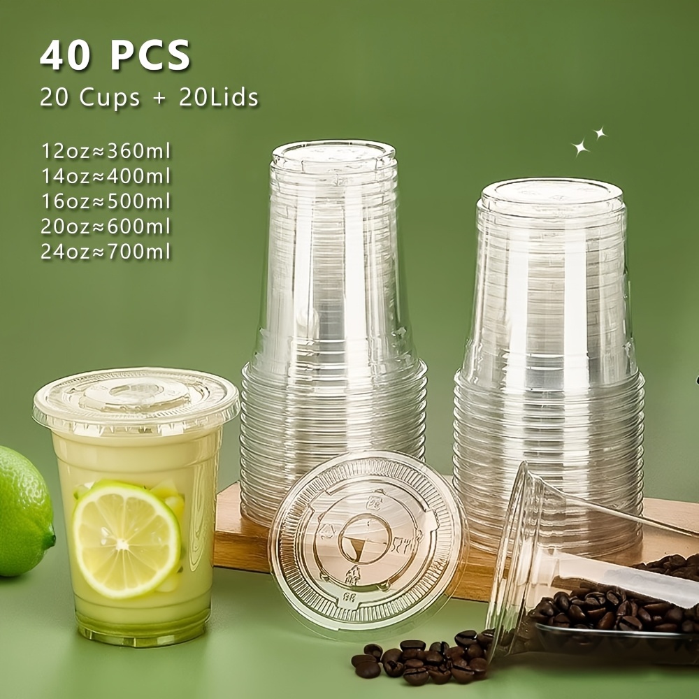 12oz/*/16oz/20oz/24oz Clear Plastic Cups with Lids,Coffee Cups with Lids,  to * Coffee Cups with Lids, Plastic Cups for Party, Smoothie Cup for Cold  Drinks,40PCS(20Cups+20Lids)