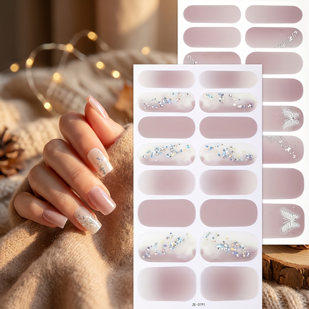 32pcs Spring For Lotus Root Gradient Blending Large Glitter Nail Sticker Fully Nail Strips, Self-adhesive Single Use Diy Nail Sticker