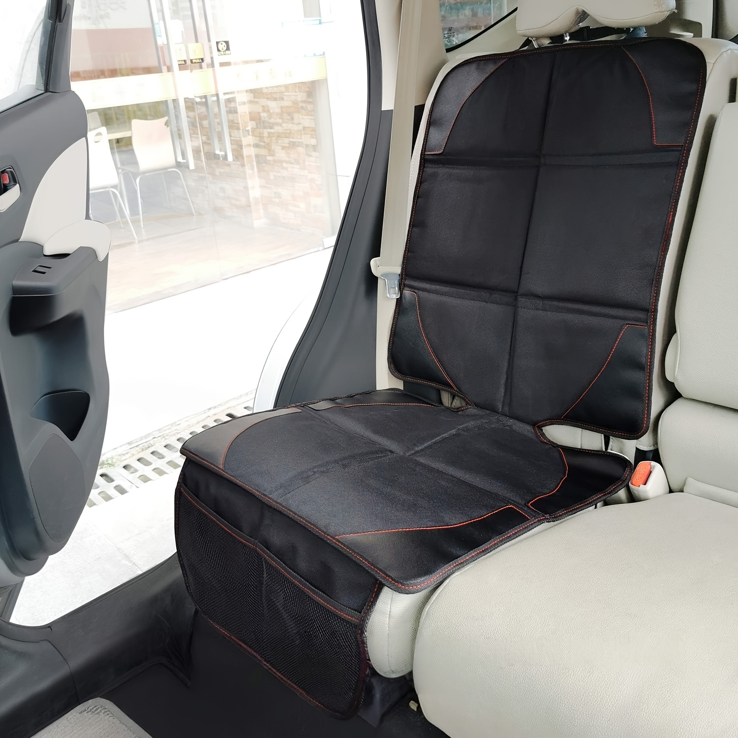Image of Child Car Seat Protector, 600d Fabric Thick Padding Car Seat Cover For Leather And Fabric Seats, 2 Mesh Pockets Organizer, Non-slip Bottom, Thick , Car Must Have Additions