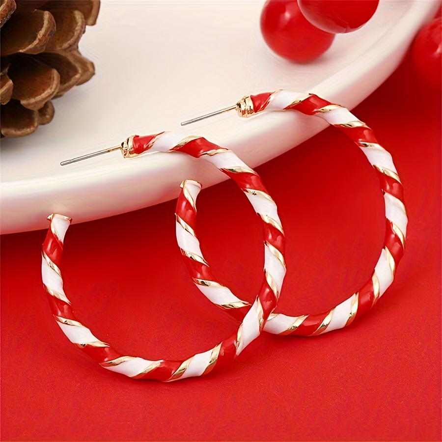 

2pcs Candy Cane Christmas Hoop Earrings, Alloy With Iron Ear Needle, Red And White Enamel, For , Suitable