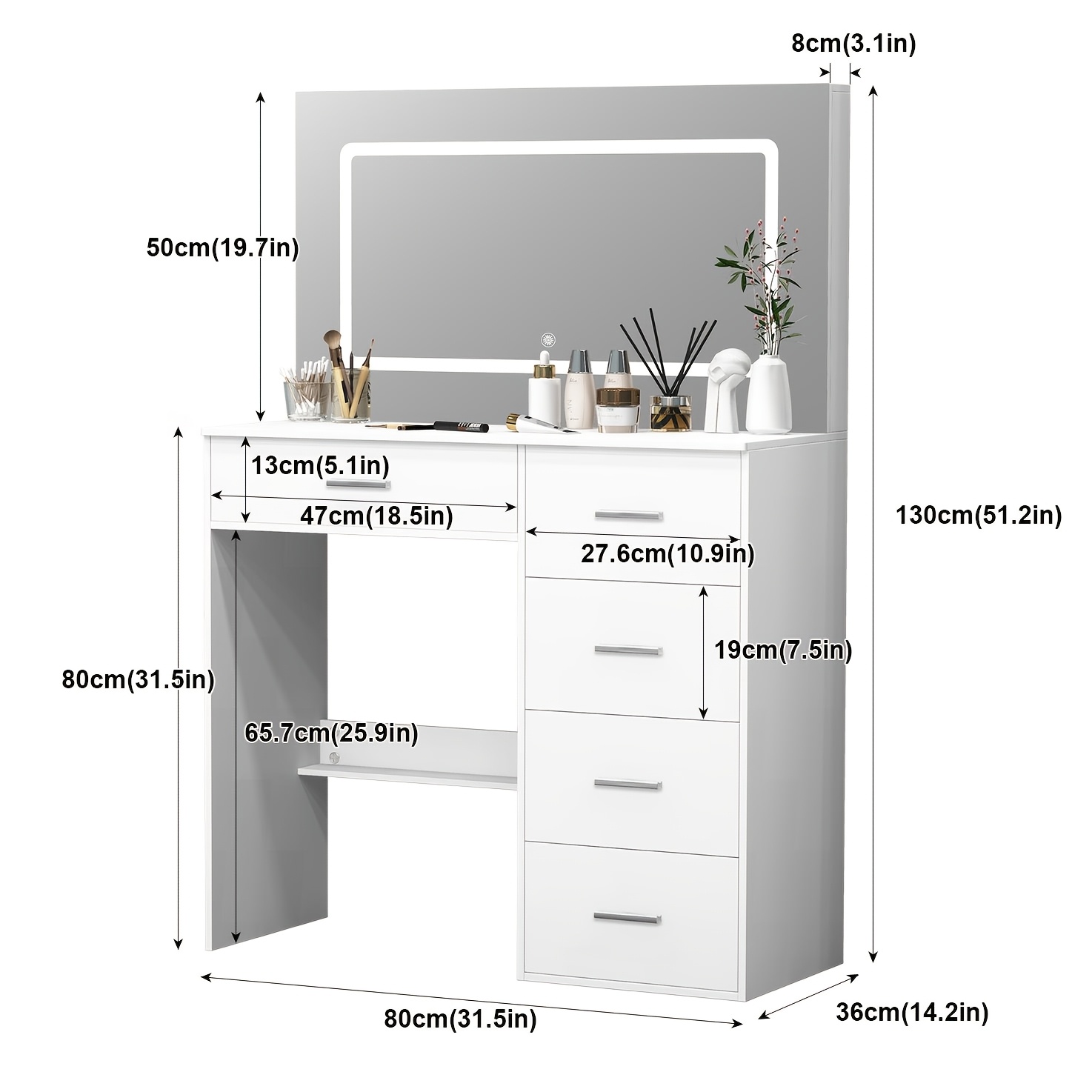Makeup Vanity with Mirror and 3 Lighting Modes, 5 Drawers