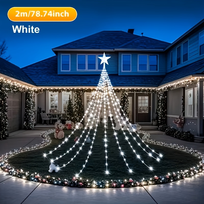 TEMU 1pc 198pcs/288pcs Christmas Tree Waterfall Top Lights, Solar Waterfall Lights, Hanging Led Fairy Lights, 8 Lighting Modes, Solar Powered,