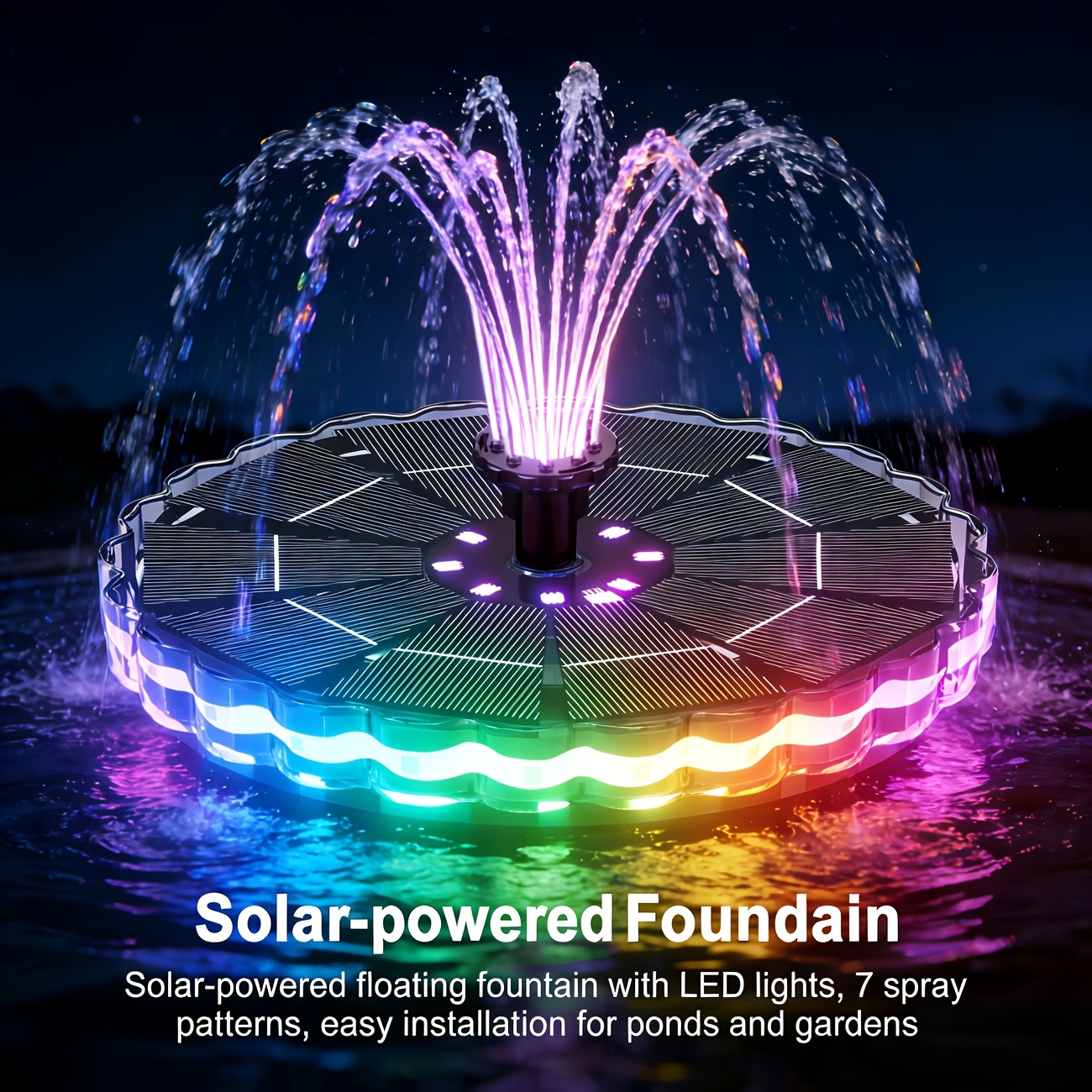 TEMU 3.5w Solar-powered Floating Fountain Pump With Colorful Lighting Built-in Battery Portable Freestanding For Garden Pond Outdoor Swimming Pool