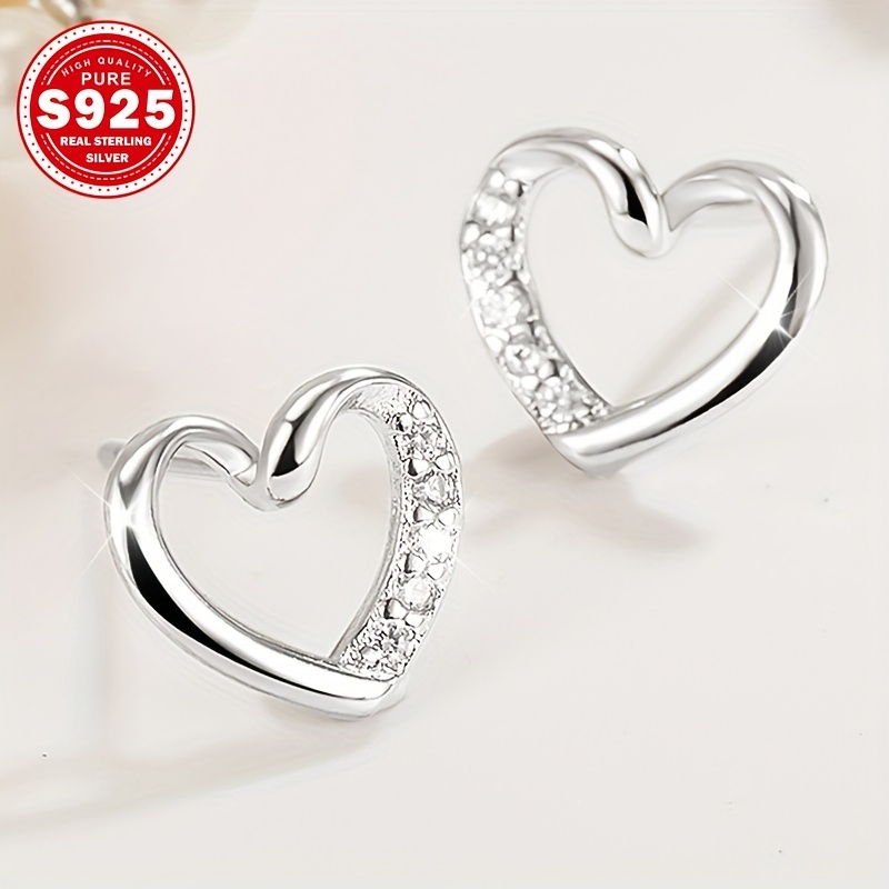 Heart-shaped S925 Silver Stud Earrings with Zirconia