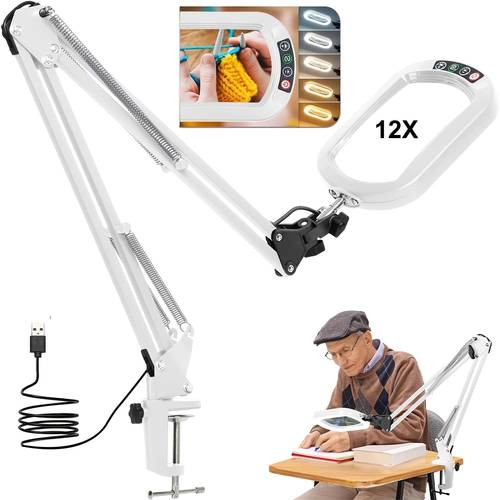 12x large magnifying glass with light and clamp dimmable lighted magnifier with stand hands swing arm desk lamp for close reading painting