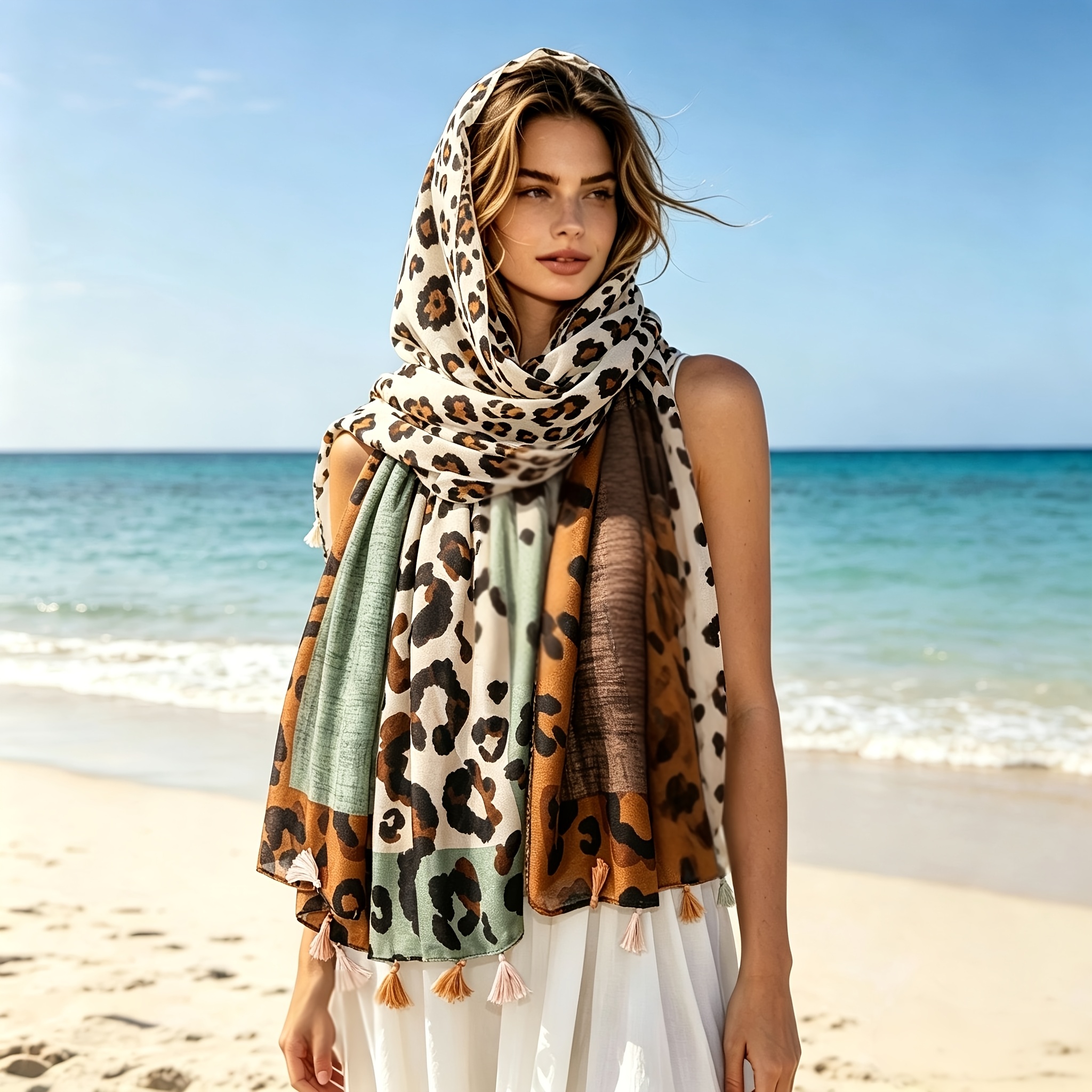 TEMU Nouveau foulard à franges et décontracté pour femme, style européen et américain à imprimé léopard et color-block, écharpe-foulard tendance,