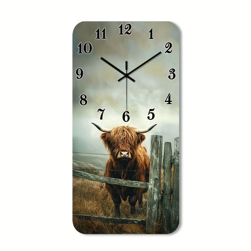 TEMU () 1pc Silent Wall Clock Non-ticking Wooden, Decorative Rectangular Clock Hd Glossy Lamination Finish Highland Cow Behind Fence Design For