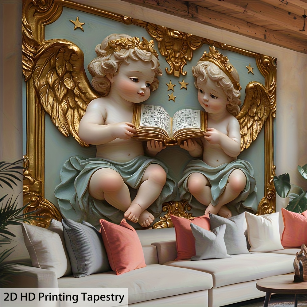 Elegant Angel Statue Tapestry With Serene Cherubic Reading Figures_voghion.com