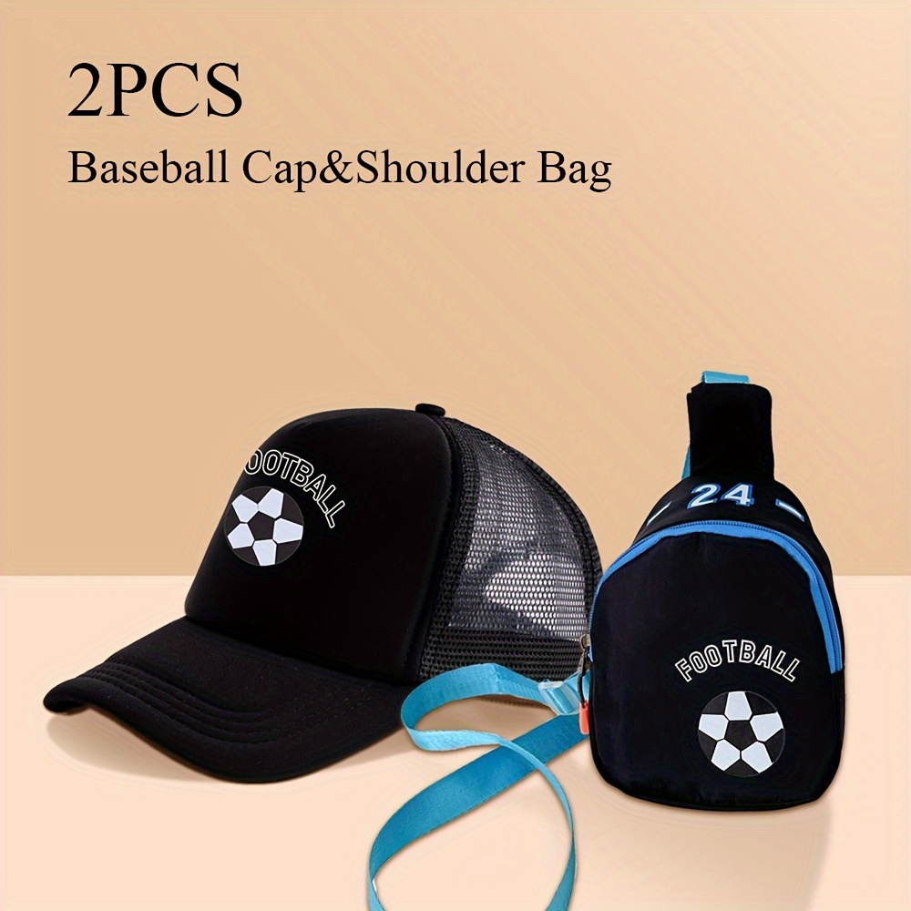 

Sports-themed Polyester Baseball Cap & Shoulder Bag Set For Boys, Breathable Mesh Fitted Cap With Buckle Closure, Suitable For Spring/summer Outdoor Activities & Homecoming Gifts, Over 15 Years Old