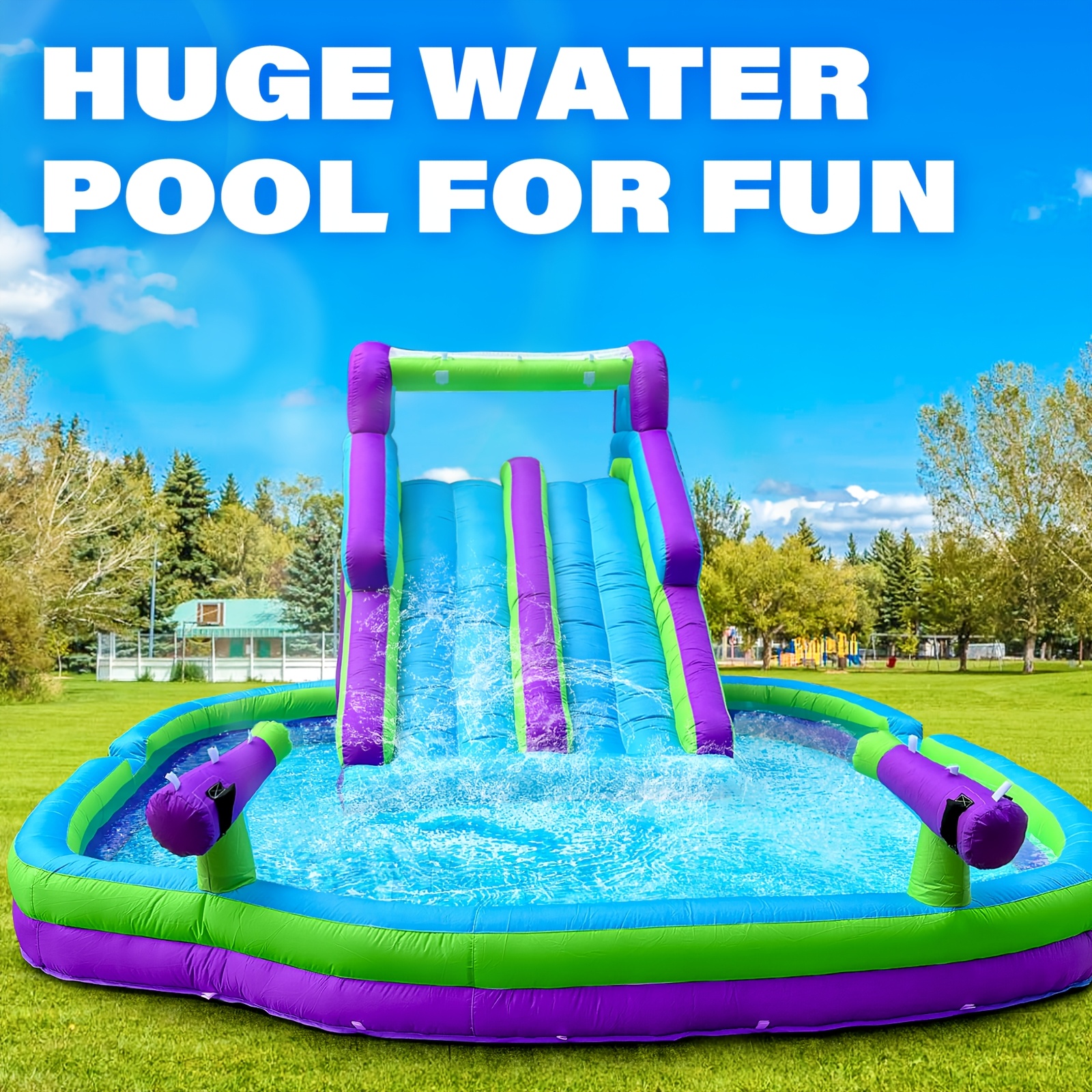 Purple Green Inflatable Double Water Slide with Climbing Wall Large     Park     Swimming Pool