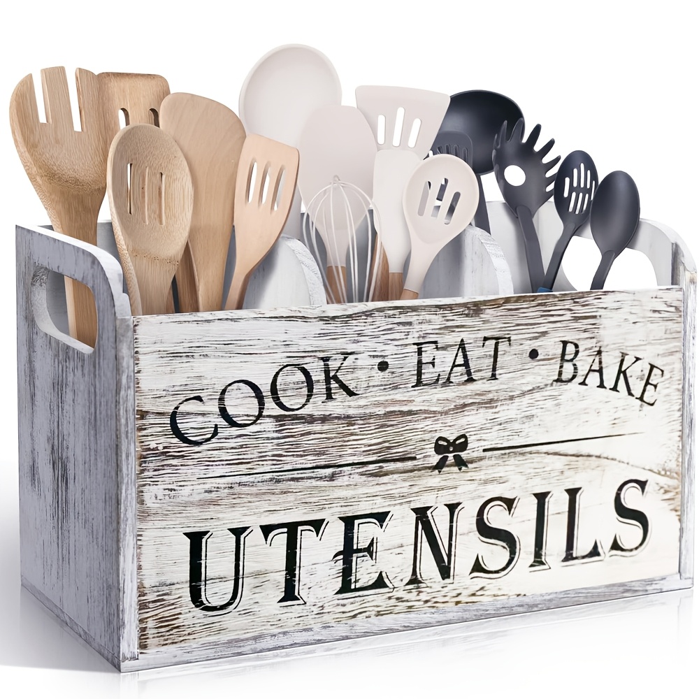 

A Rustic Wooden Kitchen Utensil Rack With Compartments For Organizing Surfaces, Suitable For Cottage Decor, Non-food Contact, Battery-free, And Universal Size.