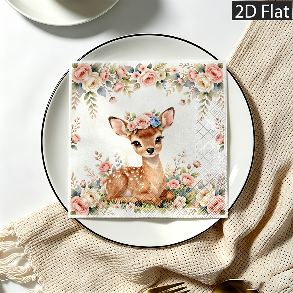 TEMU Lot de 20 serviettes en papier jetables 2D plates, motif faon de dessin avec couronne florale et fleurs pastel douces, 2 épaisseurs pour une