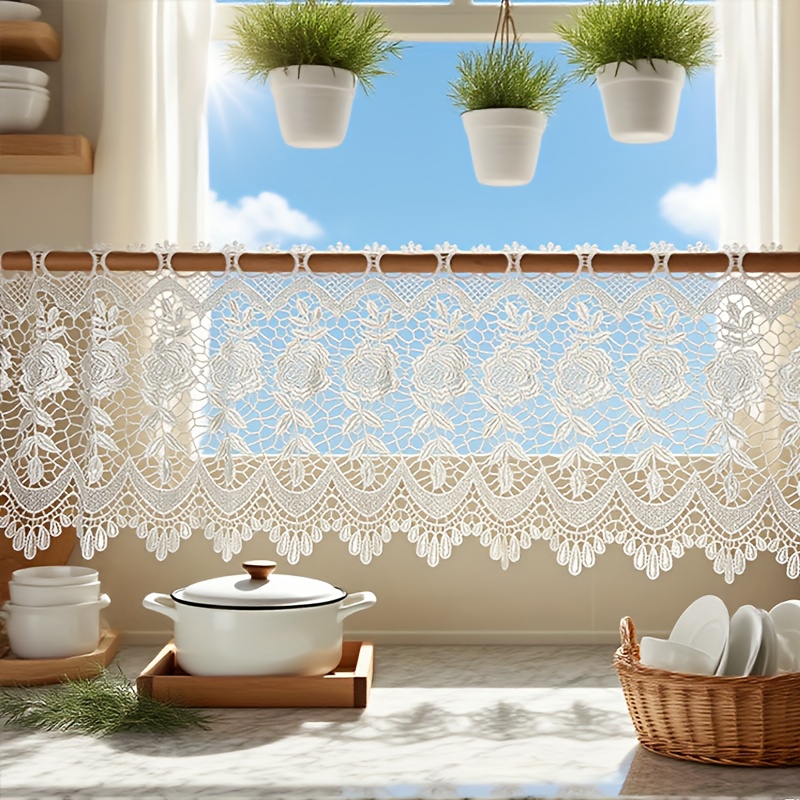 E-shop Weißer Spitzen-Blumen-Café-Vorhang, geeignet für Küche, Esszimmer, Café, Heimdekoration. Café-Vorhänge, Gardinenschals, Küchenvolants für