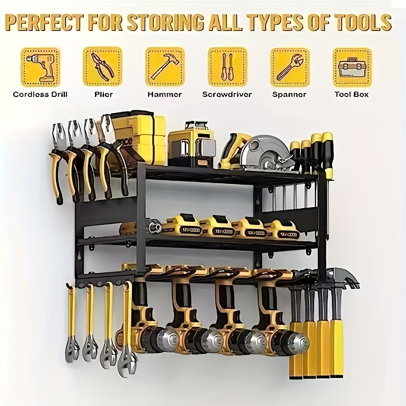 

Power Tool Organizer - Heavy Duty 3-layer Floating Cordless Drill Holder, Compact Design Tool Shelf & Rack For Industrial Hardware, Fits 4 Drill Holders - Iron Construction, 1 Piece