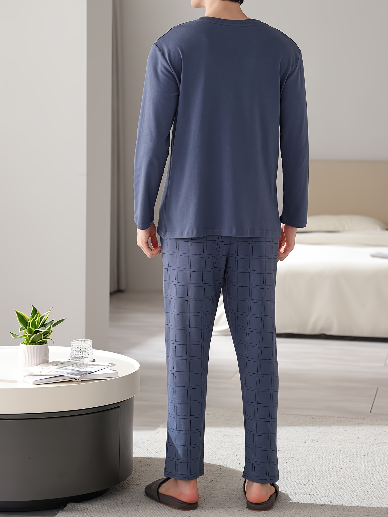 1set Men'S Casual Cotton Pajama Set, Long Sleeve Round Neck Sleepwear with Pockets, Loose Fit Knitted Pullover for Spring/Autumn - Comfortable Thin Cotton Outfit