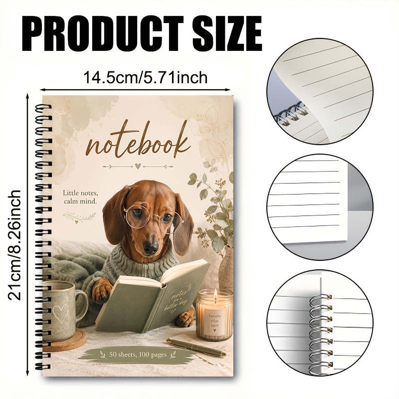 TEMU 1pc A5 Spiral Coil Notebook, 50 Sheets/100 Pages, Cute Dachshund Cover Design Notebook, Soft Retro Scene, Suitable For , Office Records, Casual