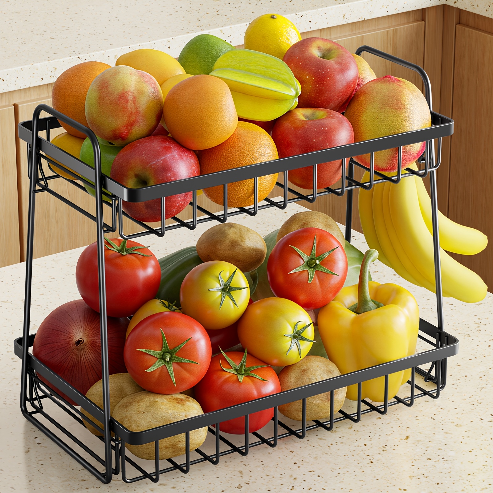 Image of 2-tier Fruit Basket For Kitchen Counter, Large Capacity Vegetable Storage Rack With Banana Hooks, Detachable Metal Organizer For Bread, Fruits And Veggies, Black, Shelf Baskets