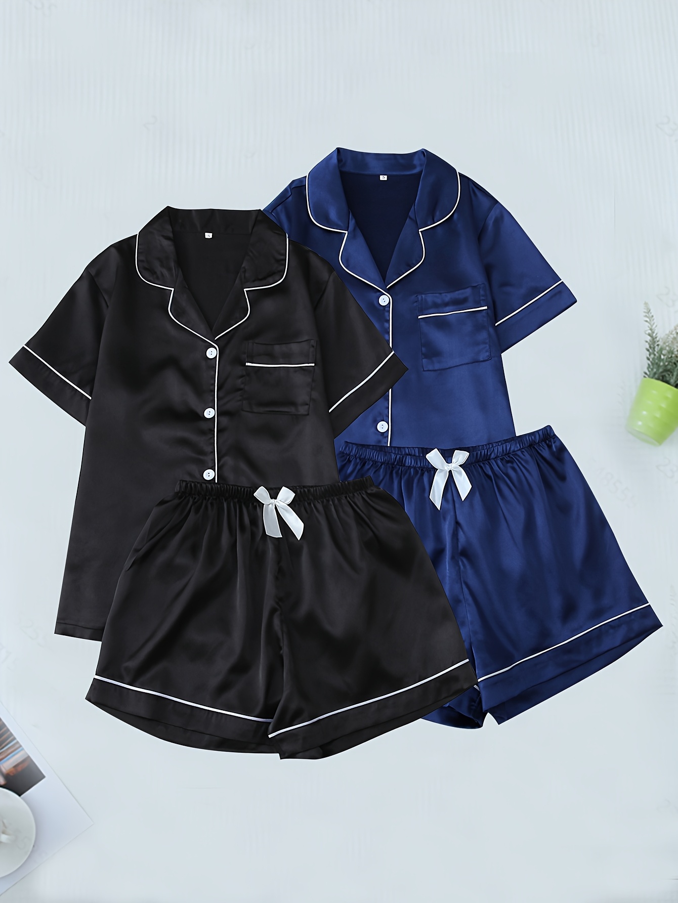 2 Sets of Pajamas, Women Fashion Solid Satin Short Sleeve And Shorts, Elegant Casual Sleepwear Set Outside