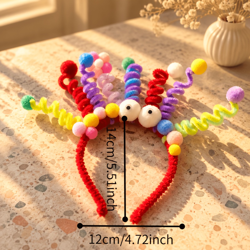 Macaron Rainbow Pipe Cleaner Spiral Headband with Pom Pom Eyes