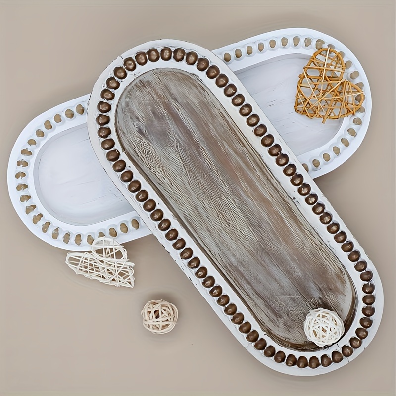 

1pc, Wooden Bead Decorative Tray, Wood Serving Tray For Coffee Table, White Washed Candle Holder, Rustic Distressed Wood Trays For Home Kitchen Farmhouse Table Decor