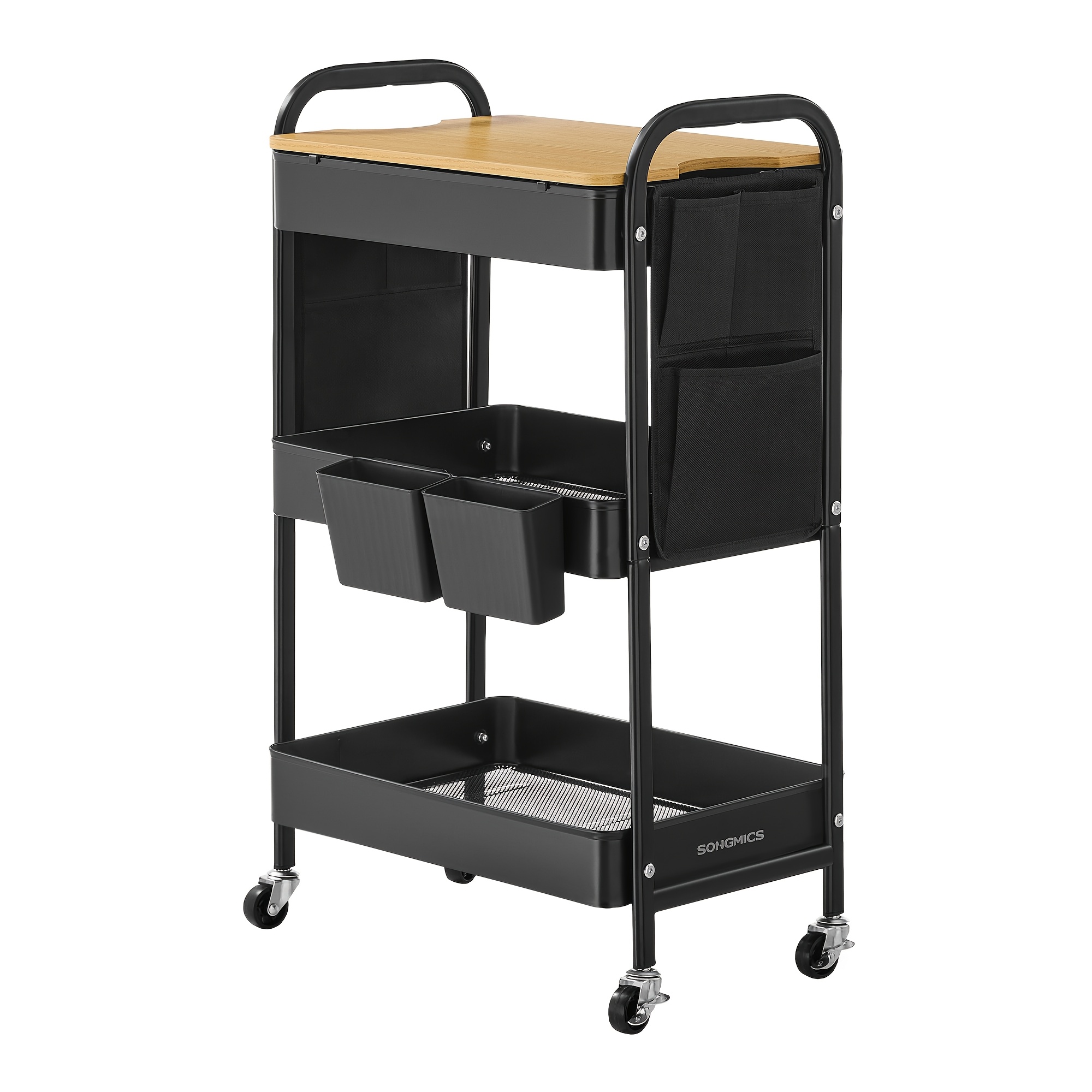 TEMU Chariot de Rangement à 3 Niveaux, Chariot Utilitaire Roulant avec Plateau, 2 Gobelets Suspendus Amovibles et 6 Poches Latérales, Organisateur