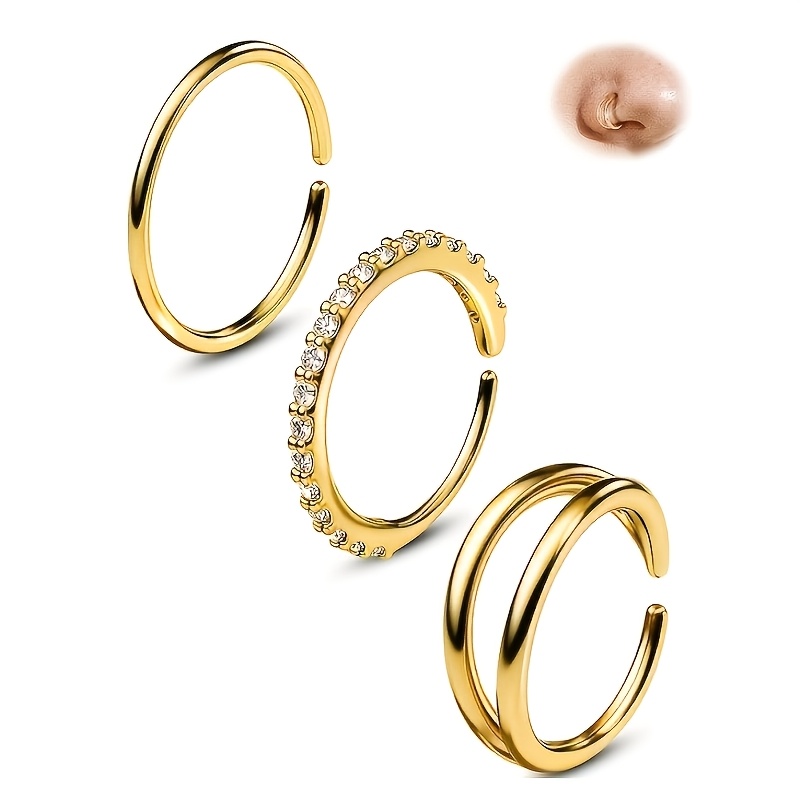 TEMU 3pcs Minimalist Style Stainless Steel Cubic Synthetic Zirconia Inlaid Nose Ring, Ring, And Tragus Ring, And Suitable For Daily Matching
