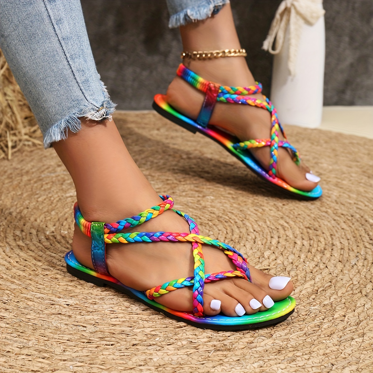 Women s Fashion Rainbow Braided Sandals Colorful Flat Summer Shoes Leather Strappy With Clip Toe