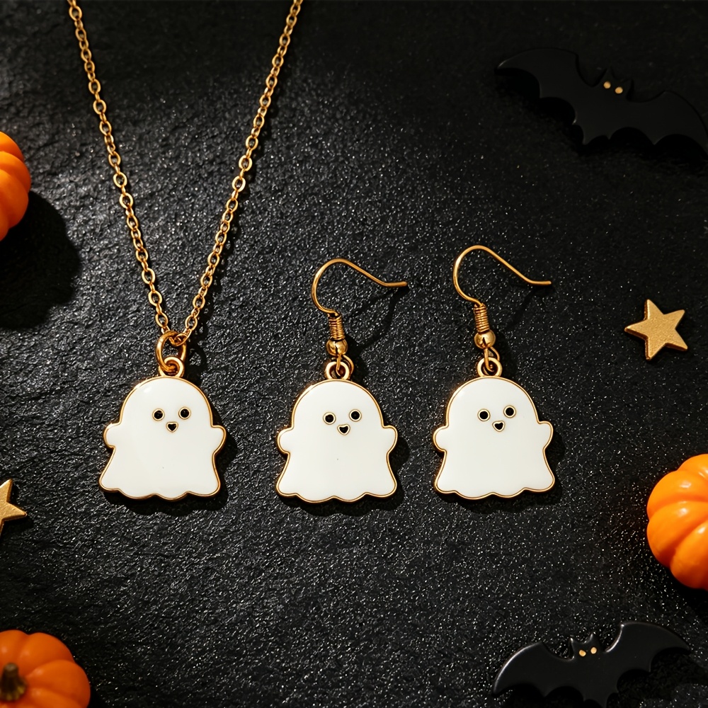TEMU Parure de bijoux mignonne avec collier et boucles d'oreilles à effet d'huile dégoulinante blanche - Chaîne dorée bohème adaptée pour Halloween,