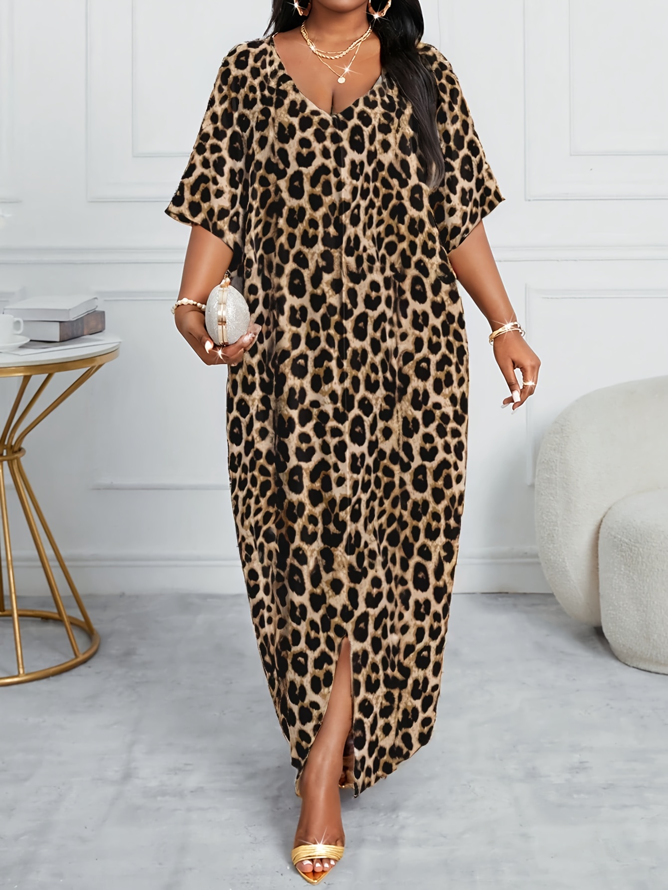 plus size plus size an elegant loose fitting v neck dress with a leopard print