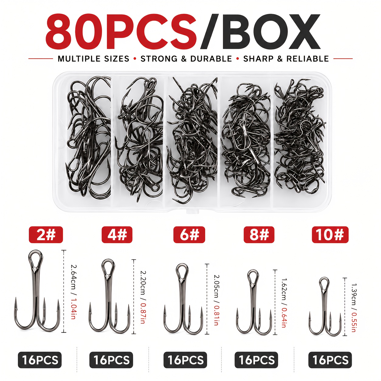 TEMU Kit de 80 hameçons par boîte, hameçons de pêche en acier à haute teneur en , hameçons de remplacement tranchants et résistants avec 5 tailles