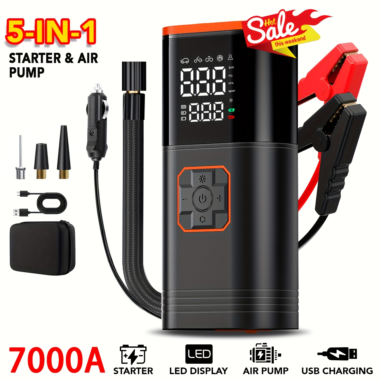 8000mAh 6000A 12V Portable Jump Starter with 150 PSI Air Compressor, 7.5L Gas/6.0L Diesel Air Pump, 5-in-1 LCD LCD Power Bank & Emergency Battery Booster, -C Fast for, Trucks, SUVs, Motorcycles, RVs