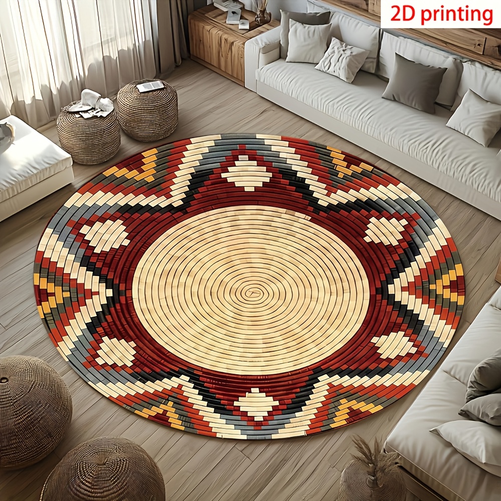 TEMU 1pc Ethnic Style Geometric Pattern Printed Round Rug—made Of High-quality Flannel Fabric, Soft And Washable, Suitable For Kitchens, Bedrooms,