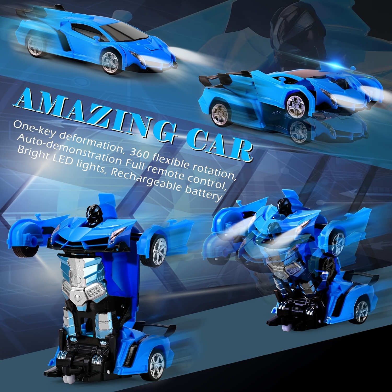 [Transformable|Robot] 2-in-1 Jovow Transformable Robot Car Toy | Remote Control Electric Racing Vehicle with Realistic Sounds, 360° Drift, USB Rechargeable, App-Controlled | Blue & Red/Yellow Options, Perfect for Birthdays, Christmas, Halloween Gifts