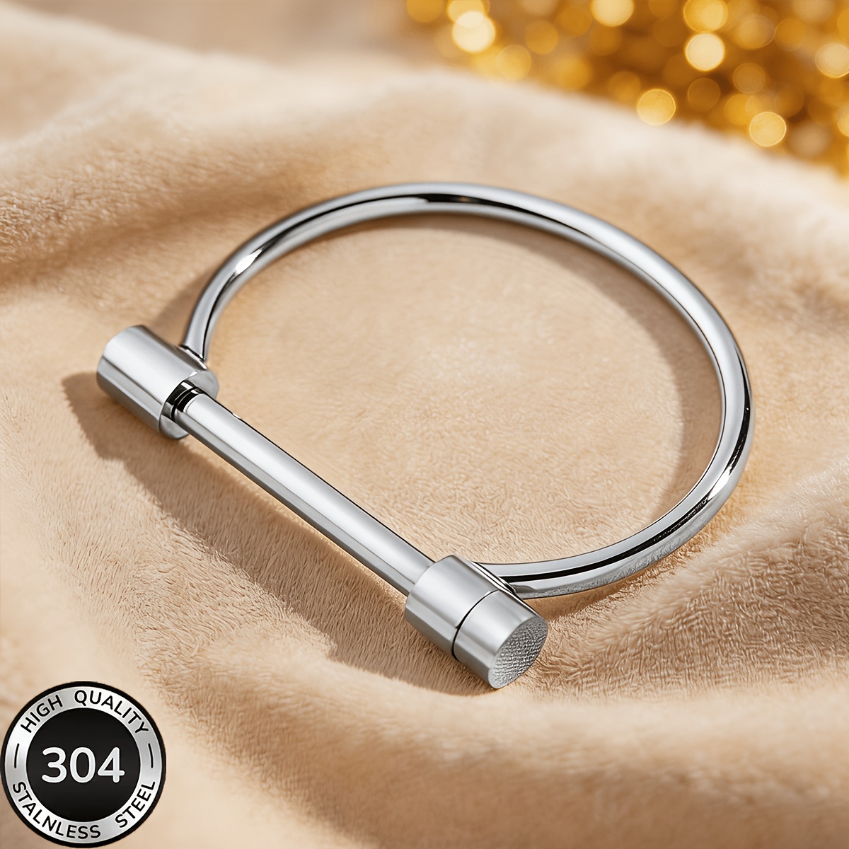 TEMU Bracciale a forma di ferro a D in oro 18 in acciaio inossidabile 304, braccialetto ipoallergenico impermeabile impilabile in stile minimalista,
