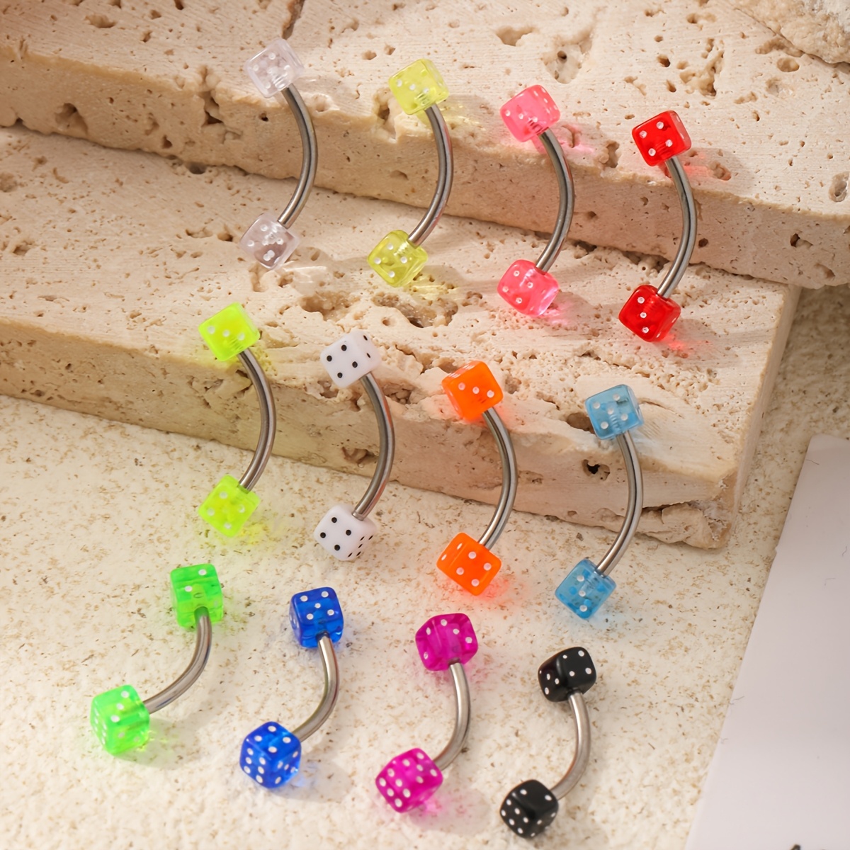TEMU European And American Cross-border Acrylic Body Piercing 12pcs Set, Mixed Colors, Square Eyebrow Studs, Eyebrow Jewelry, Fashionable And Simple,
