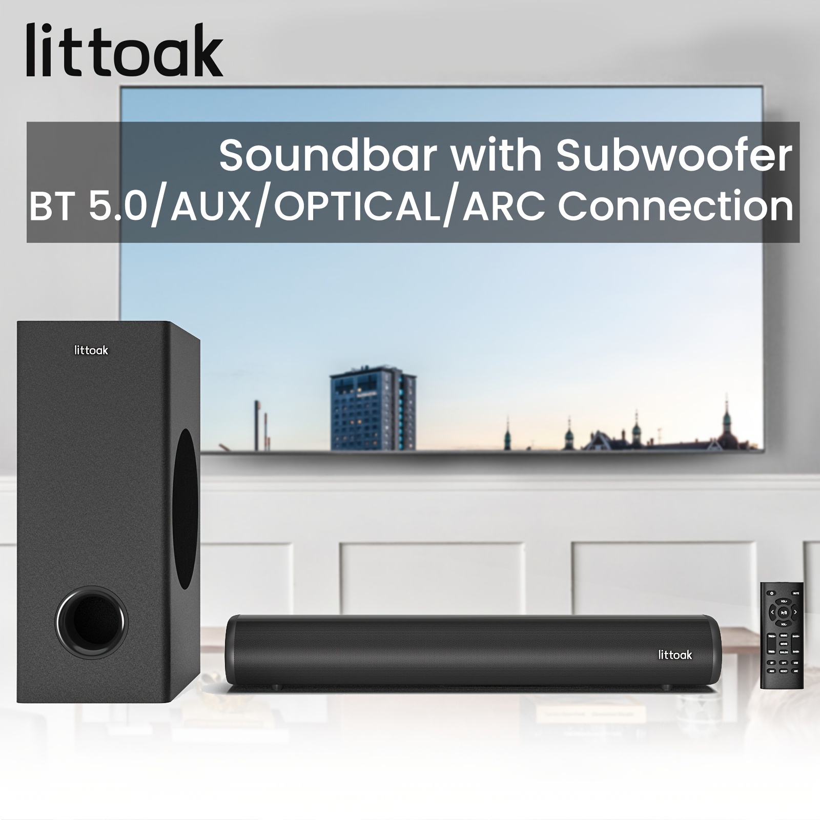 

Soundbar With Subwoofer, 2.1 Soundbar For Tv, Pc, Gaming, Home Audio, Wireless Bt 5.0/arc/optical/aux/usb Connection, Treble/bass Adjustable, Wall Mountable, Remote Control, 16 Inch