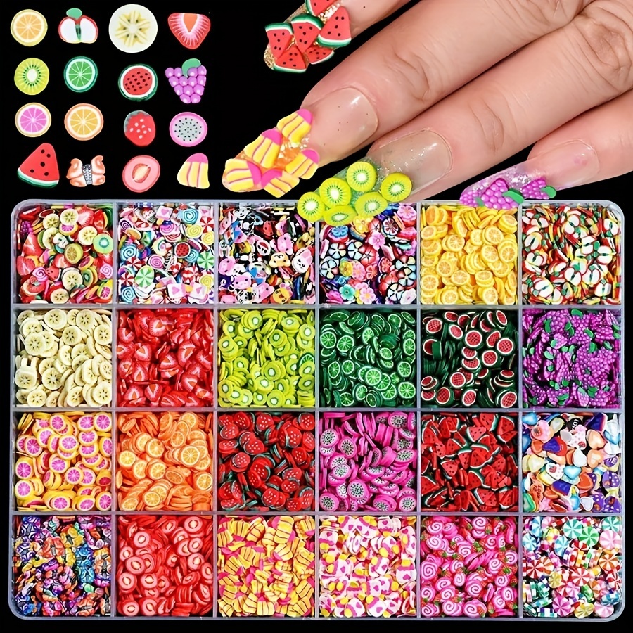 

24 Grid Assorted 3d Fruit Slices Nail Art Set, Polymer Clay Diy Nail Design, Lemon & Variety Slice Decorations, Soft Clay Manicure Accessories