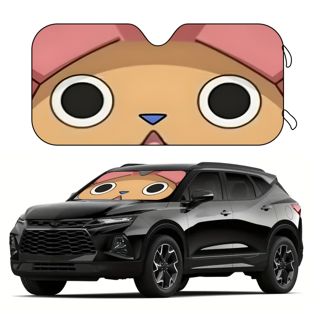 TEMU 2d Flat,1pc Cartoon Brown Pink Hat Pattern Printed Sun Visor, Car Windshield Sun Shade, Driving Sun Visor, Fashionable Foldable Car Front Window