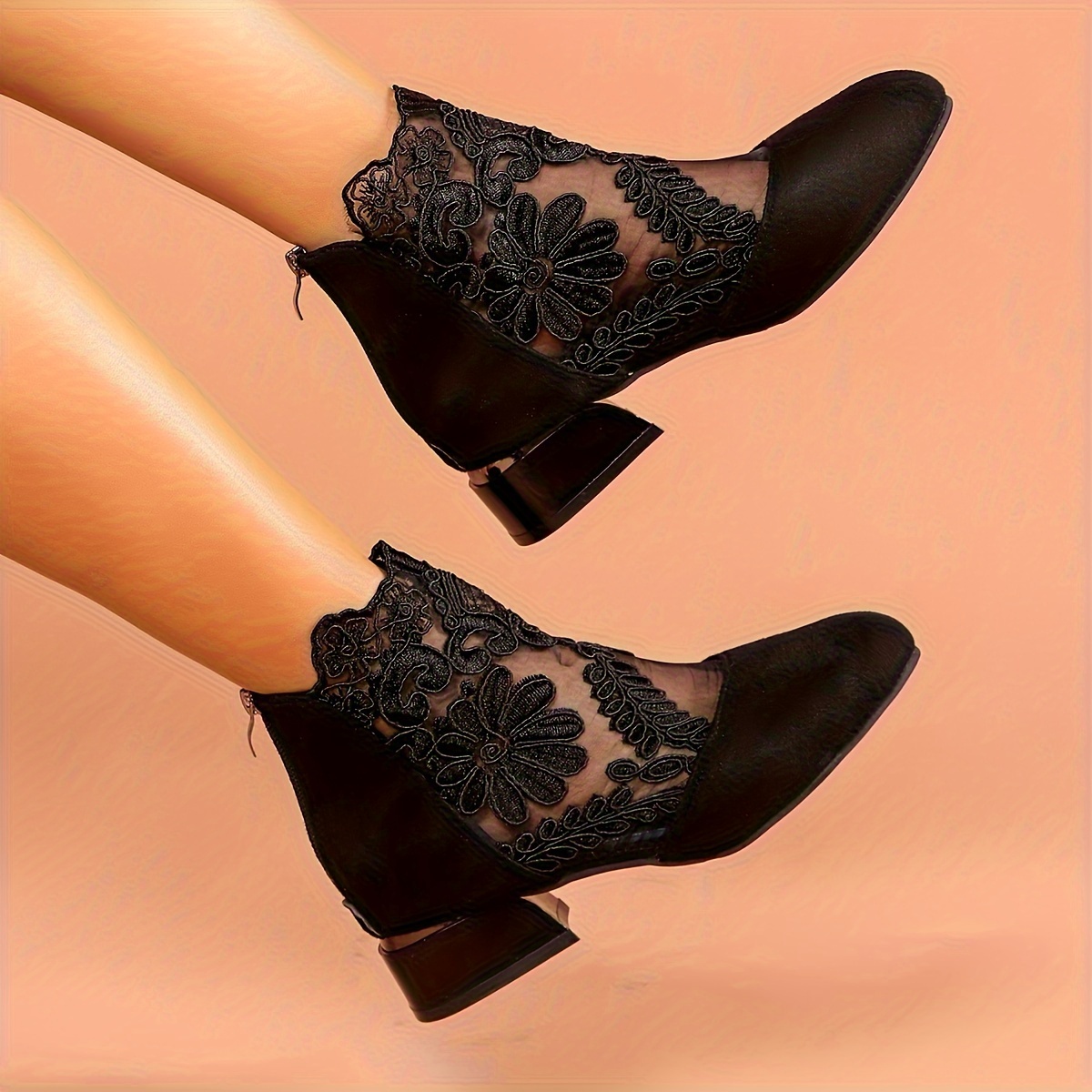 Image of Elegant Women Shoes Shoes Baotou Single Shoes Lace Popular Chunky Heel Short Boots Women's Net Boots Summer New Hollow Mesh Women's Boots Versatile Large Size Cool Boots Women, Women Shoes