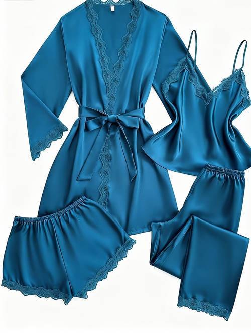 set of lace satin camisole shorts long pants and robe