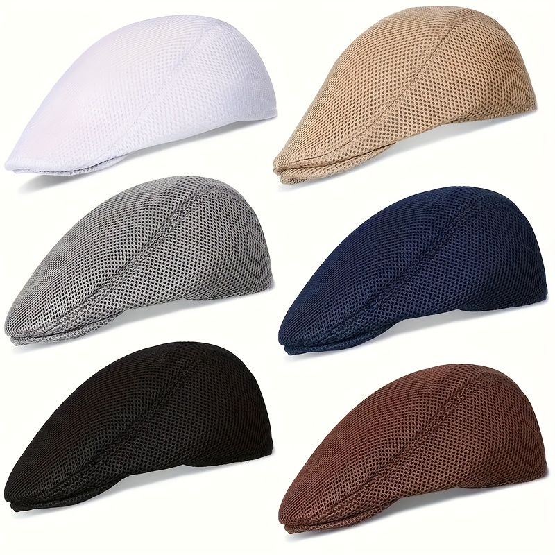 6pcs lightweight breathable summer american beret newsboy caps mesh flat cap with elastic band 6 colors white light grey beige black dark blue brown for men women golf casual sports outdoor activities ideal gift for teachers day graduation mothers day fathers day
