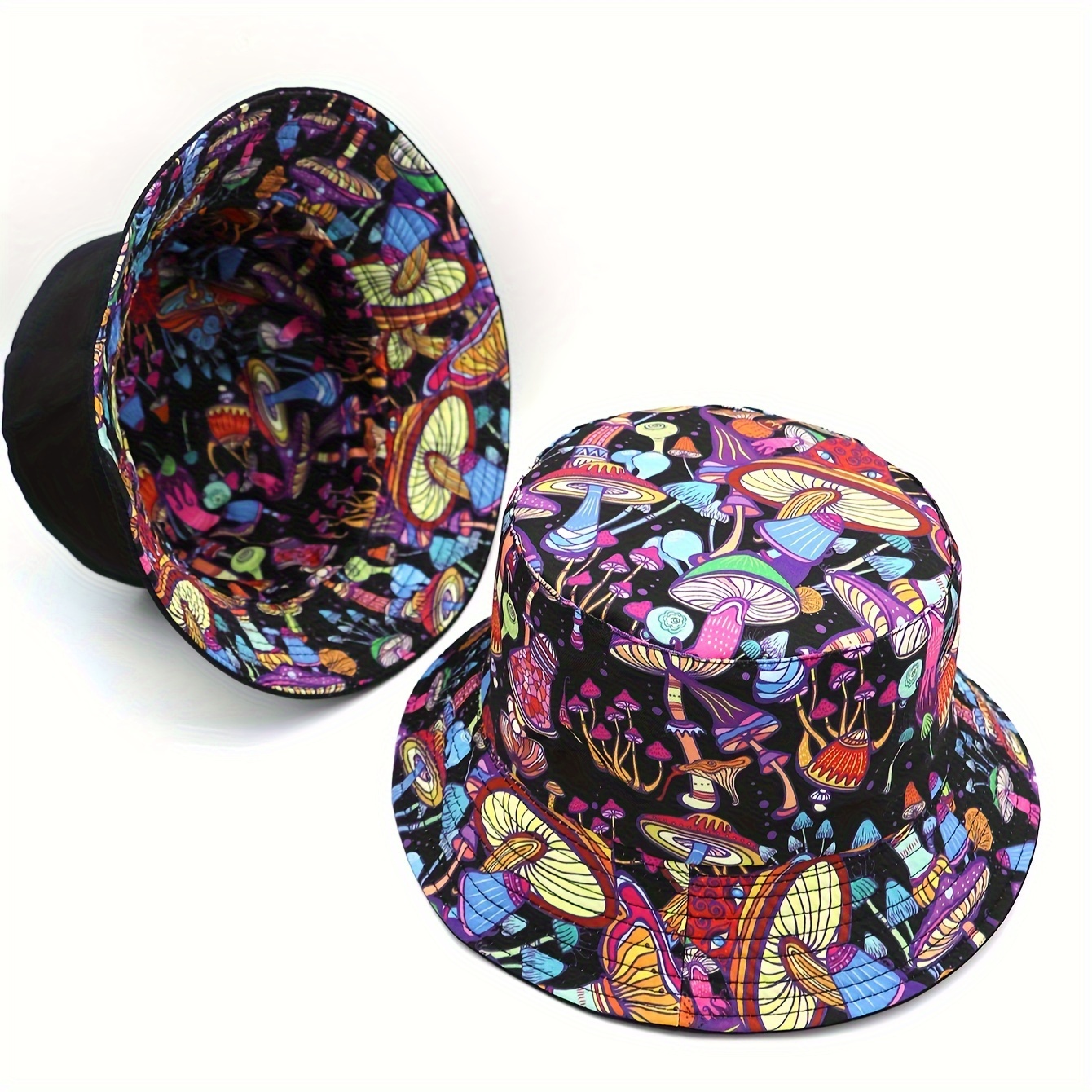 

Hip Hop Mushroom Print Bucket Hat Black Cartoon Reversible Fisherman Cap Casual Lightweight Sun Hats For Women Men