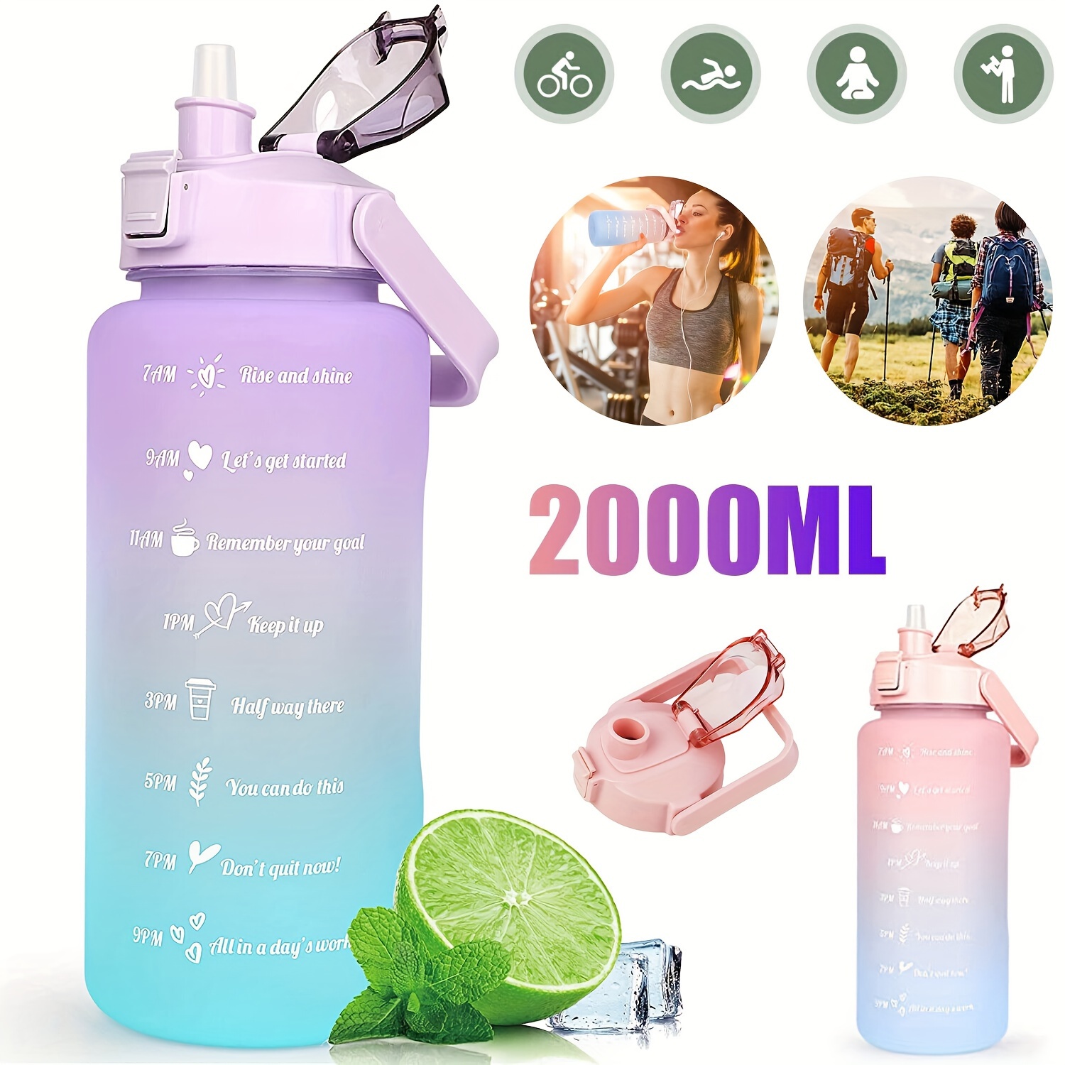 

Fitness Gym Water Bottle Spirit Motivational Water Gallon With Time Marker Large Capacity 2000ml, Leakproof Bpa Free Fitness Sports Water Bottle