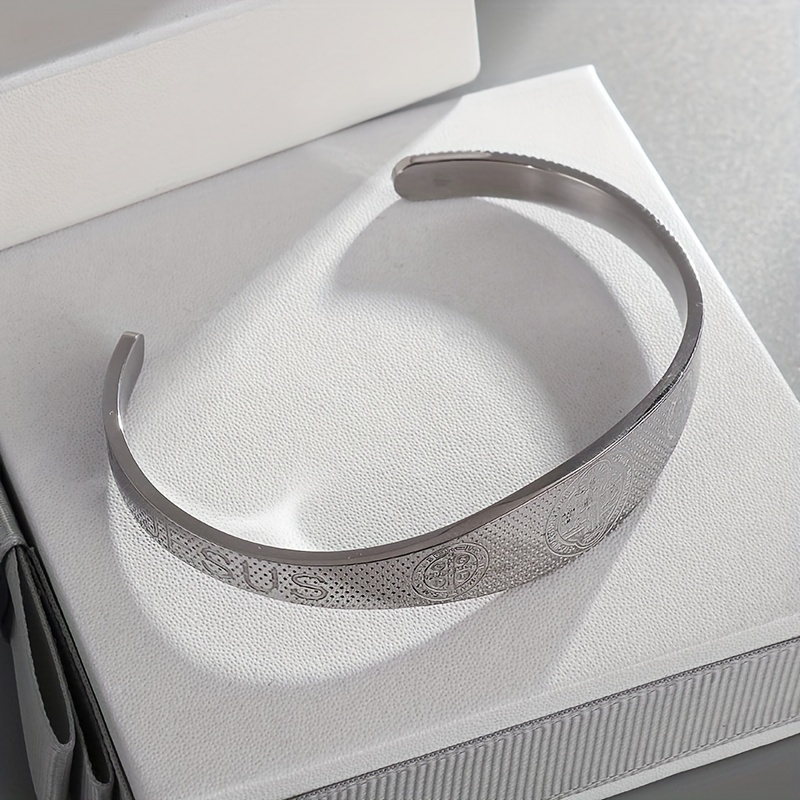 Unisex Stainless Steel Open Bangle Bracelet with Cross Design