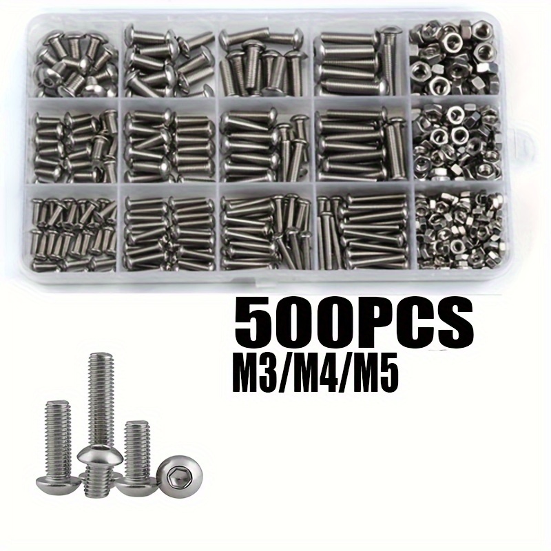 

500pcs Stainless Steel Hex Socket Screw Set - M3, M4, M5 Metric Threads With Button Head & Allen Bolt Caps, Rust-resistant For Industrial & Construction Use