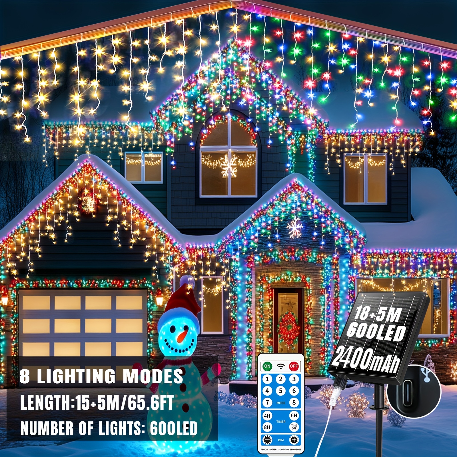 

76ft Solar-powered Icicle Lights Set - 600 Leds, & Warm White Options, With Remote Control For Outdoor Christmas, New Year, Wedding Decor