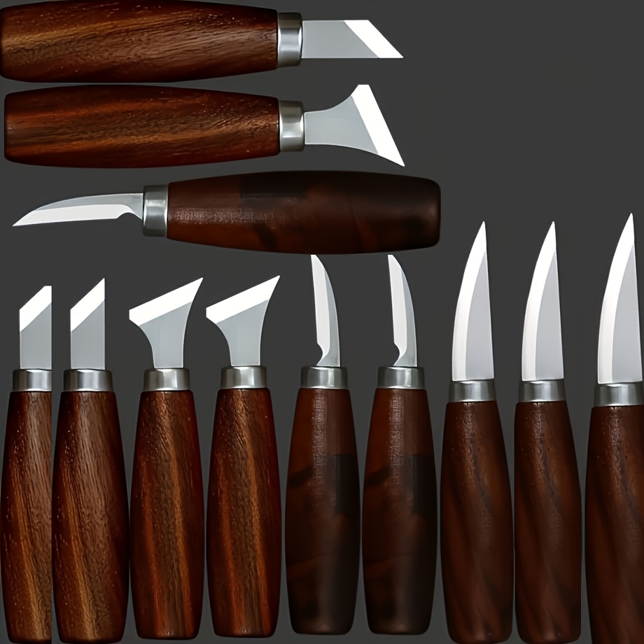 TEMU 12pcs Chrome Vanadium Steel Woodworking Carving Set | Walnut Wood Handle | Includes Cutting Knife/scraping Knife/spoon Knife/bending Knife |