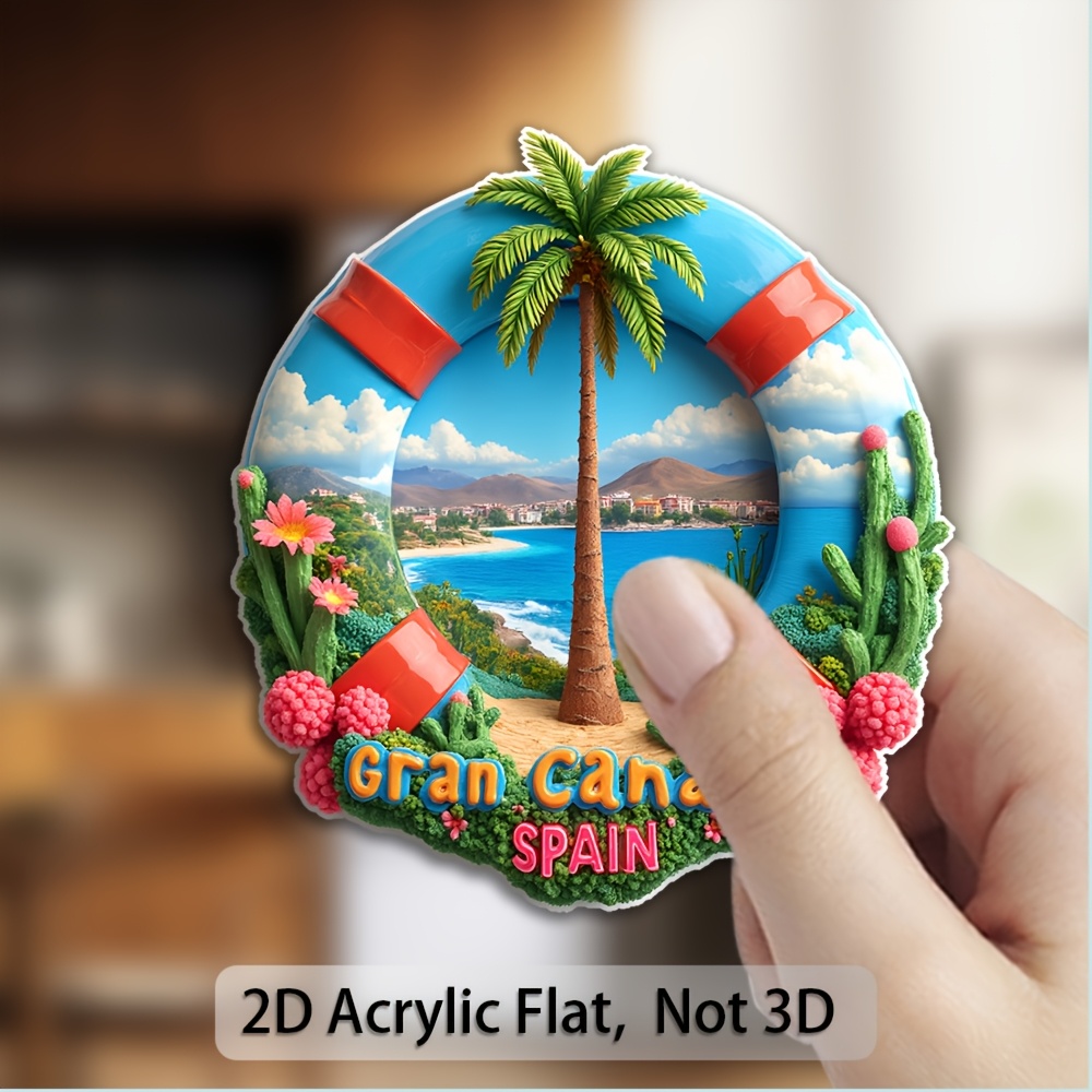 TEMU 1pc 2d Flat Acrylic Refrigerator Magnet - Gran Spain Scene With Palm Tree, Ocean, Cactus, And Spanish Text - Vibrant Travel Theme Kitchen Decor,