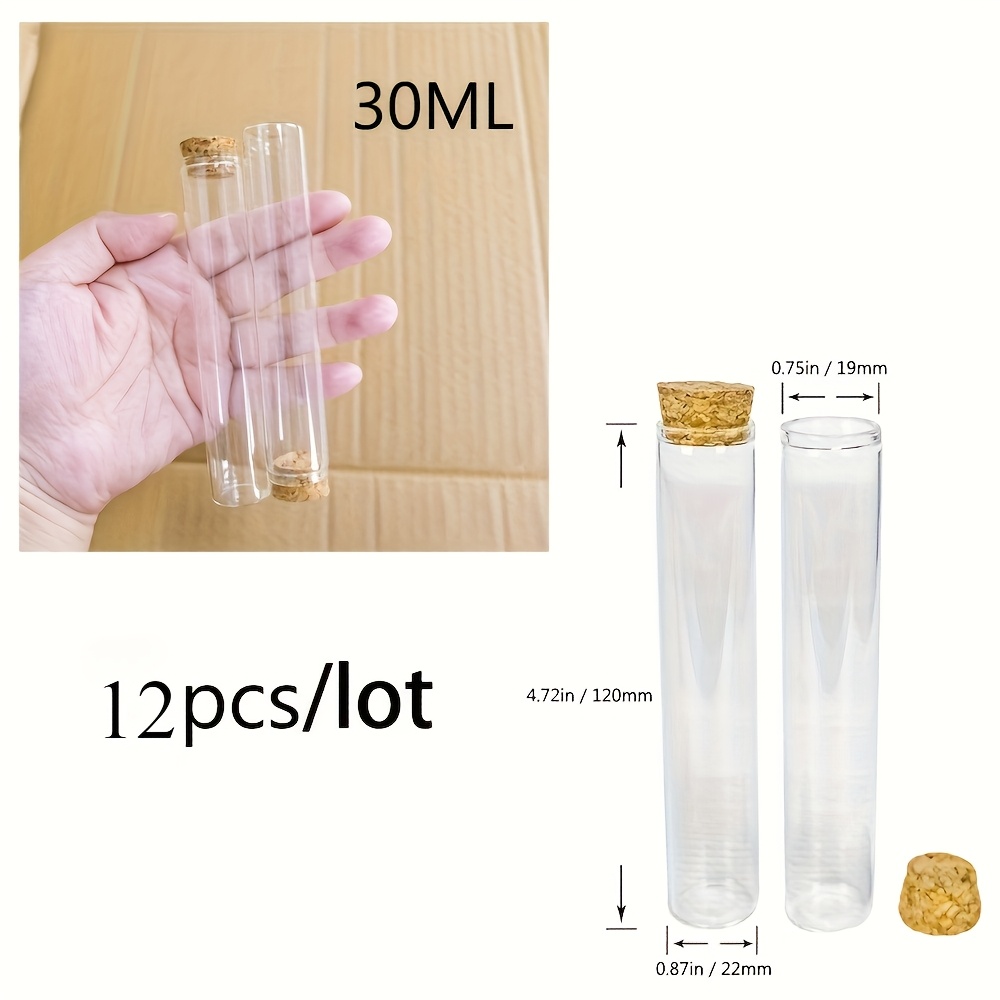 12pcs/set, Size 22x120mm 30ml, Empty Glass Transparent Bottle With Cork Stopper, Glass Small Bottle Storage Bottle Test Tube Jar, Decorative Bottl